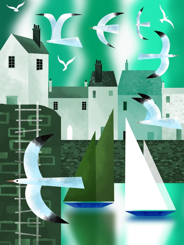 Green and White Seaside Town