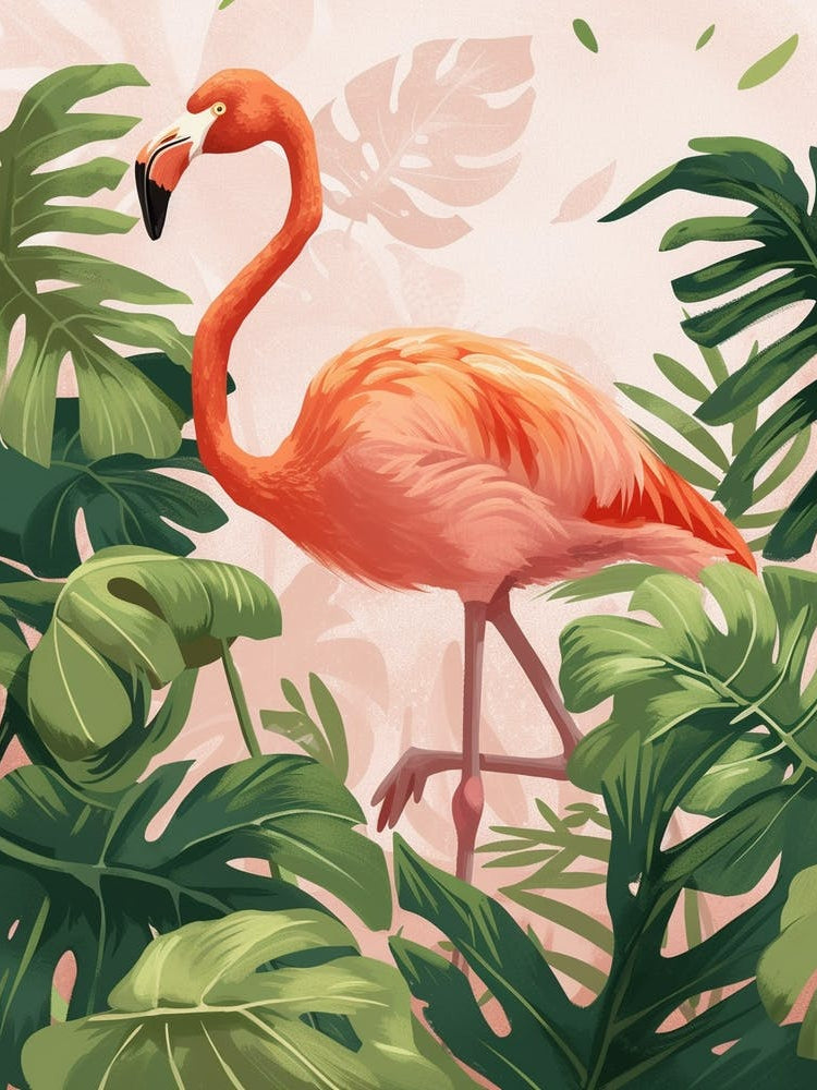 American Flamingo And Philodendrons Minimalist Illustration 3