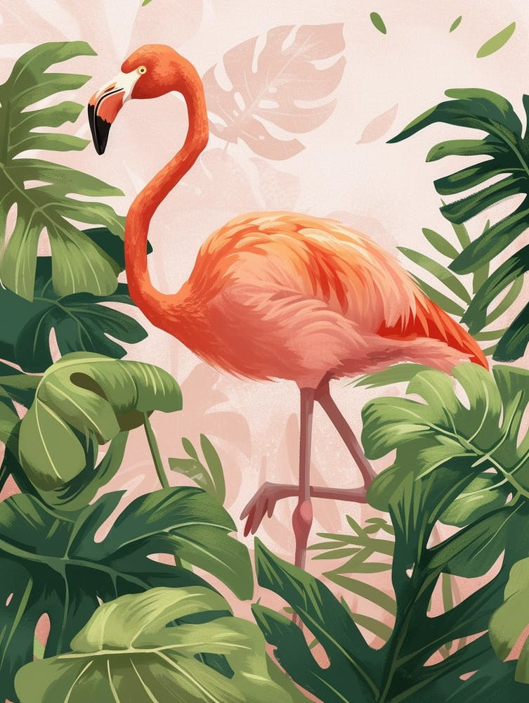 American Flamingo And Philodendrons Minimalist Illustration 3