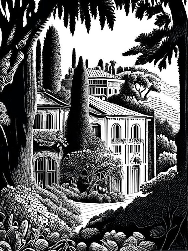 Villa Lante, 1, Italy Linocut Black And White Vintage