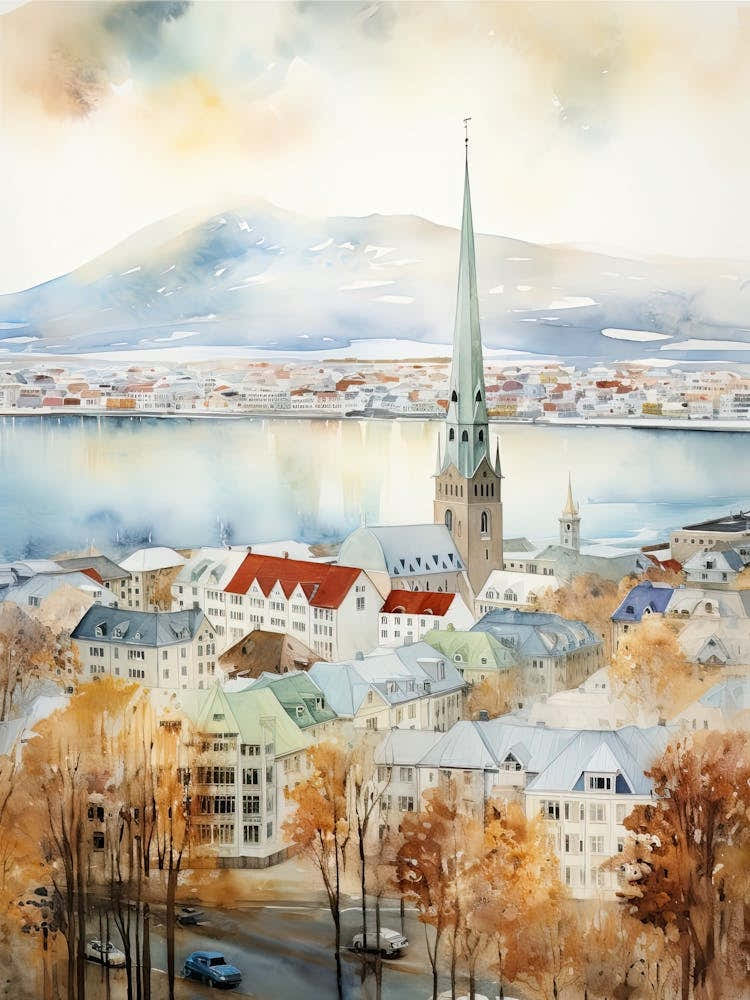 Reykjavik Iceland In Autumn Fall, Watercolour 4