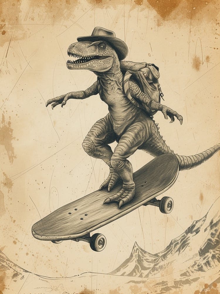 Vintage Baryonyx Dinosaur On A Skateboard 2