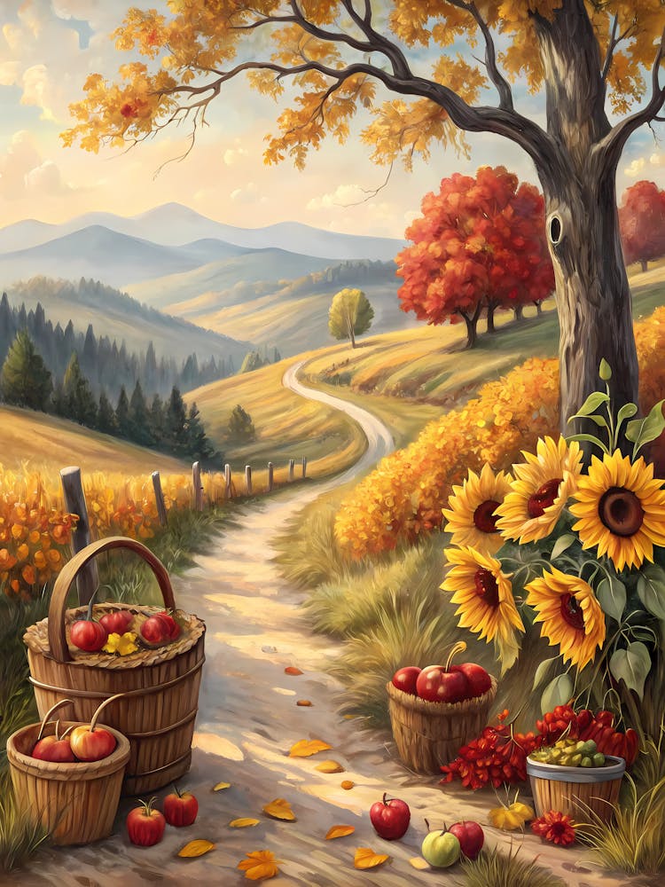 Oil Painting Style Autumn Harvest Landscape Countryside Path with Sunflowers and Baskets