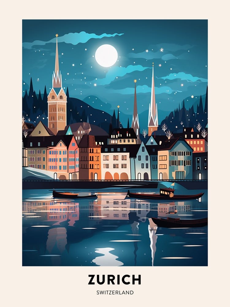 Winternacht Reiseposter Zürich Schweiz 4
