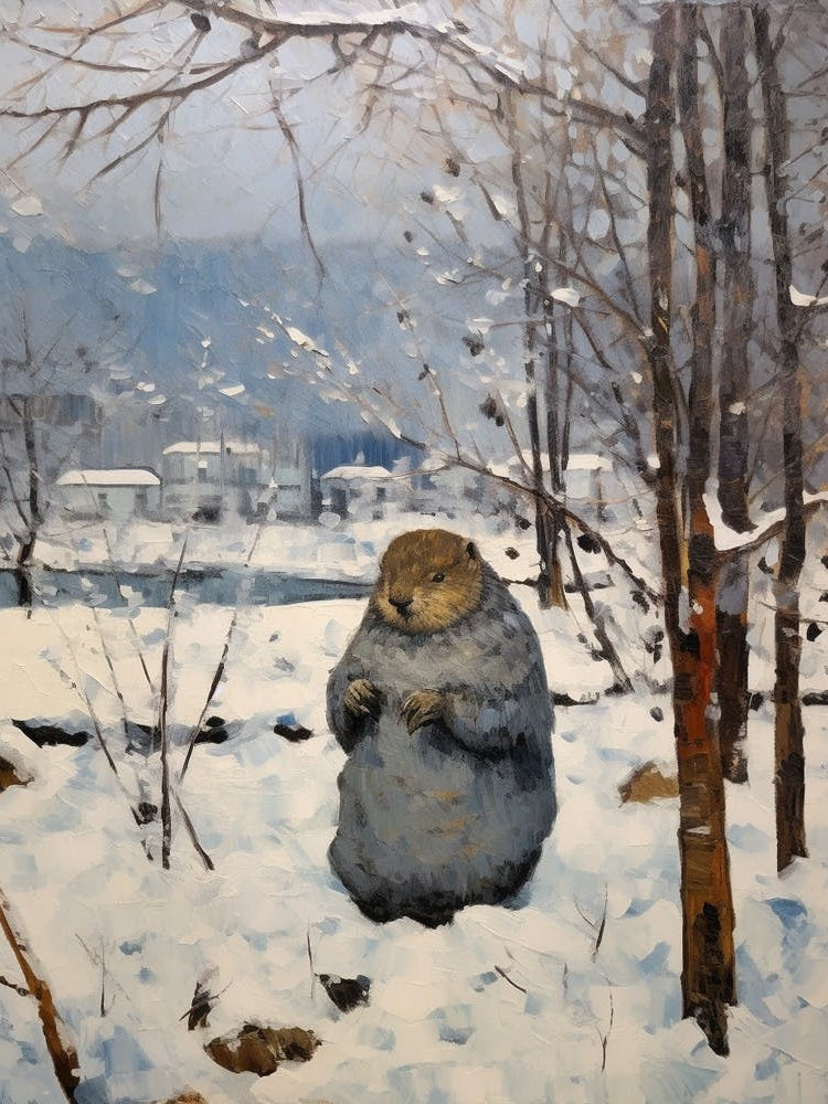 Vintage Winter Animal Painting Woodchuck 1