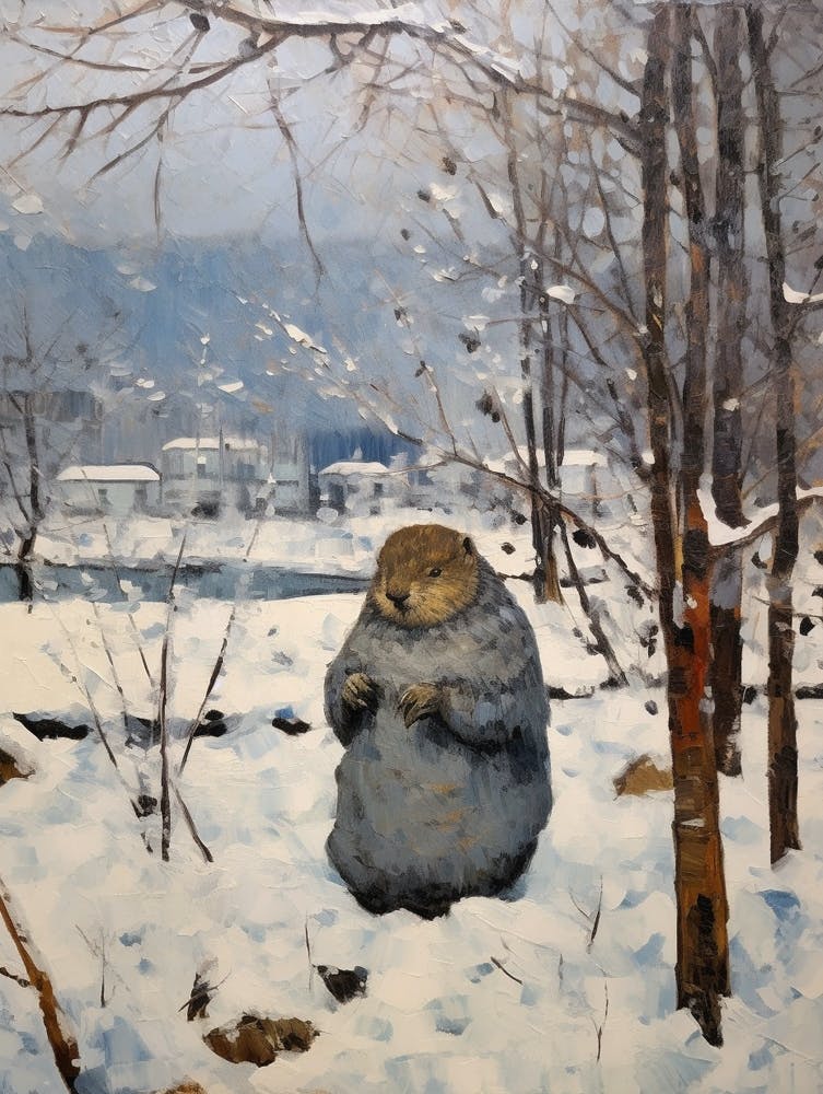 Vintage Winter Animal Painting Woodchuck 1