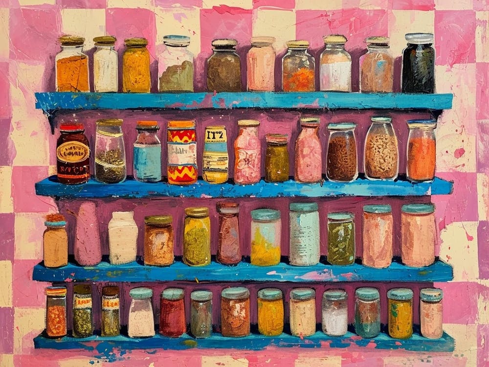 Spices On Shelves Pink Checkerboard 2