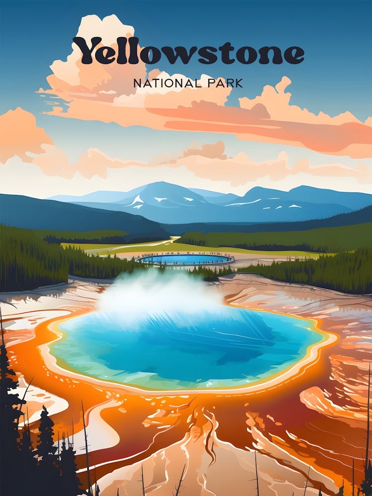 Yellowstone National Park Emerald Pool Travel Art Illustration