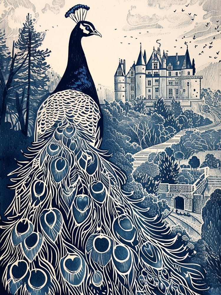 Peacock Blue Linocut Inspired With A Castle In The Background 3
