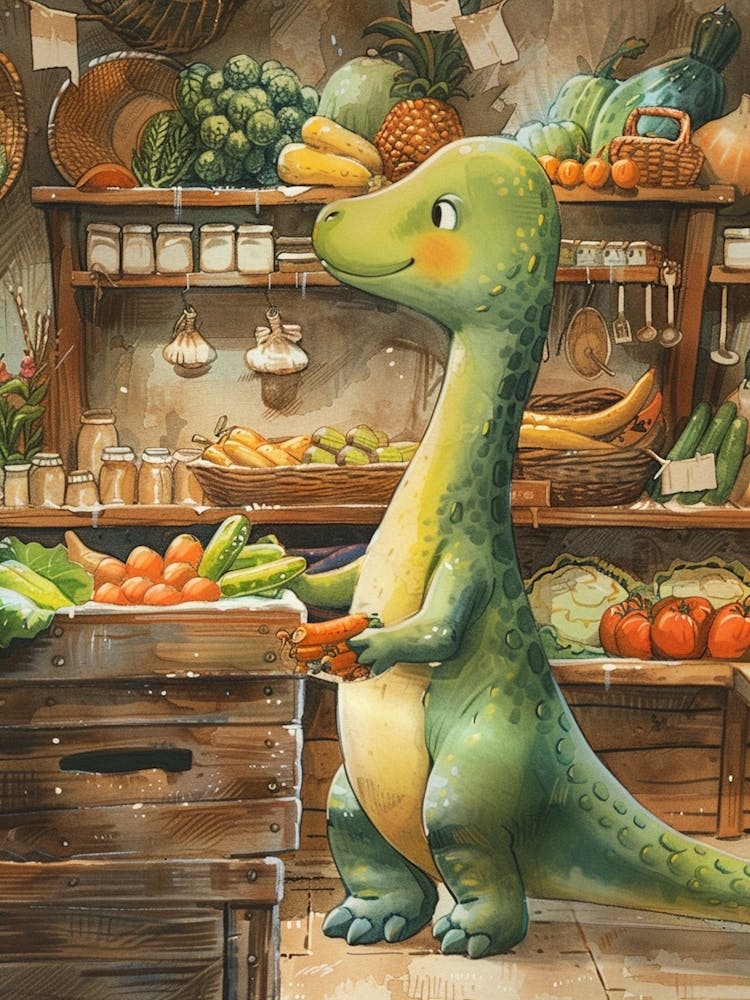 Peinture de livre d'images de dinosaure mignon faisant ses courses 1