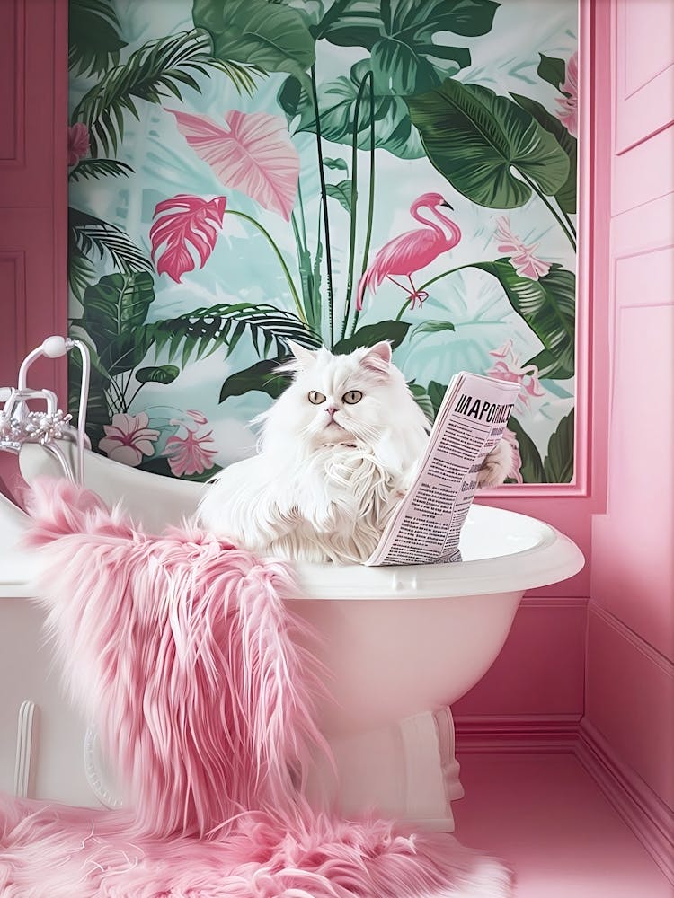 Bathroom White Cat In Bathtub Print, Funny Poster, Bathtub Print, Bathroom Wall Art, Toilet Poster, Luxury Cat Poster, Maximalist Cat Art