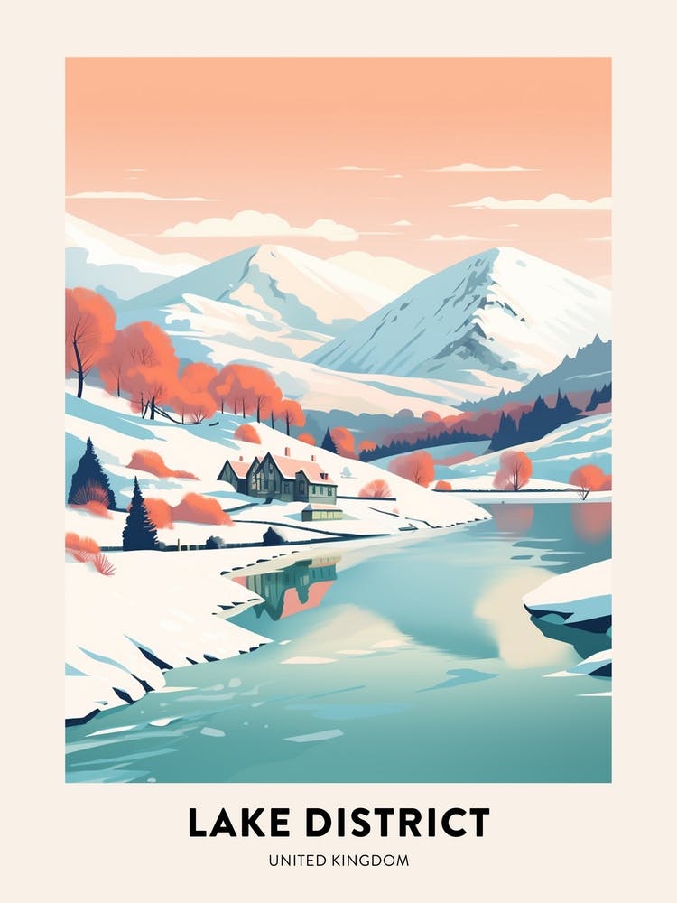 Vintage Winter Travel Poster Lake District United Kingdom 3