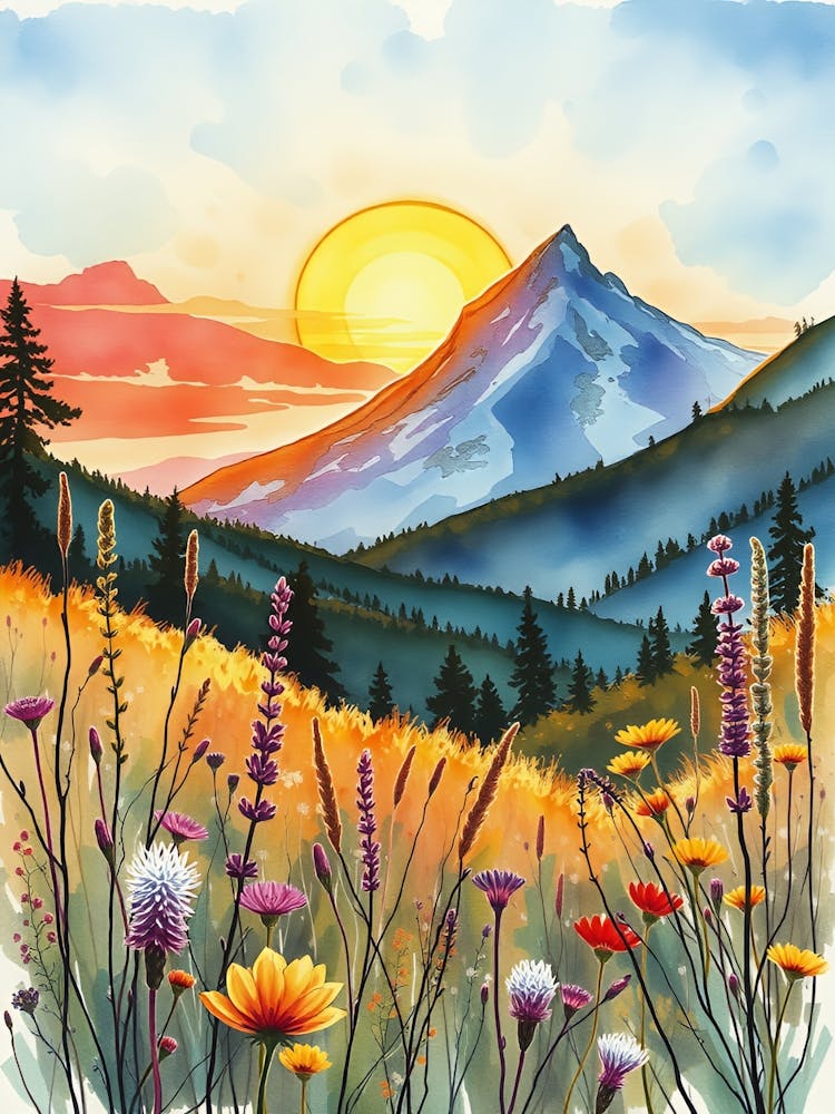 Watercolor Of Mountains And Wildflowers