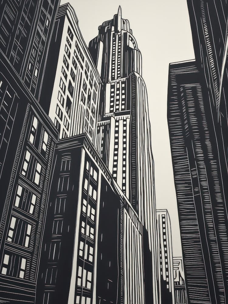 Empire State Building New York City, United States Linocut Illustration Style 2