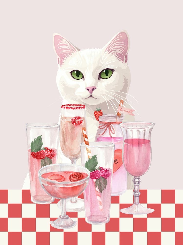 white cat with pink cocktails art in a girly aesthetic, trendy wall art in pink perfect for kitchens, bar carts, coffee bars and living rooms, 50s sytle vintage inspired minimalist illustration of a cute cat with drink
