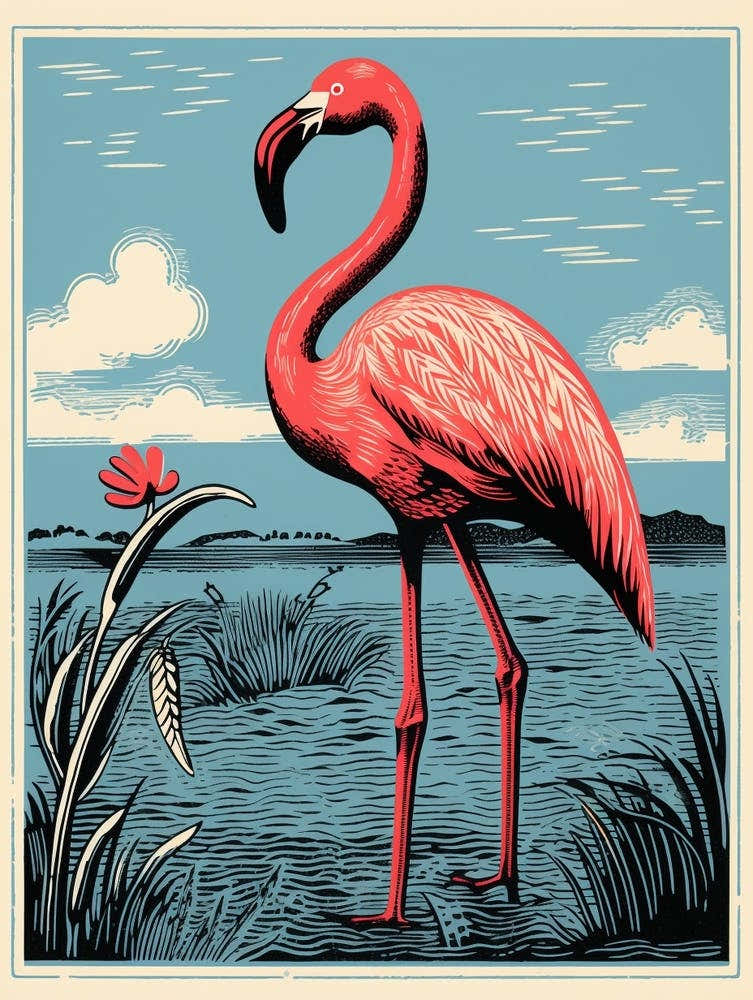 Vintage Bird Linocut Flamingo 3