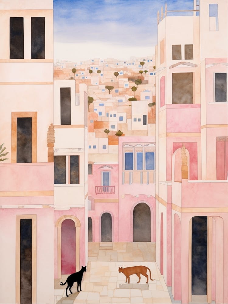 Mykonos Greece 1 Vintage Pink Travel Illustration