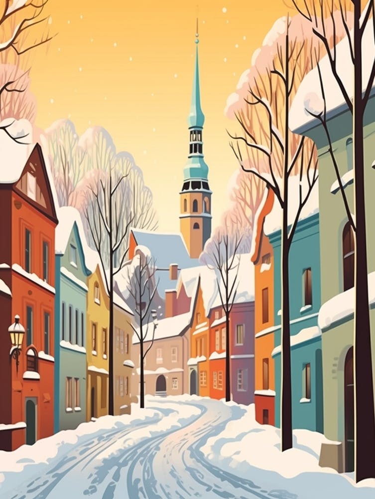 Vintage Winter Travel Illustration Tallinn Estonia 1