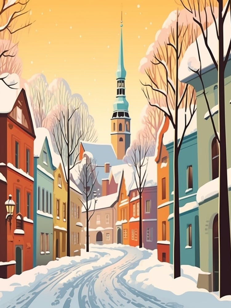 Vintage Winter Travel Illustration Tallinn Estonia 1