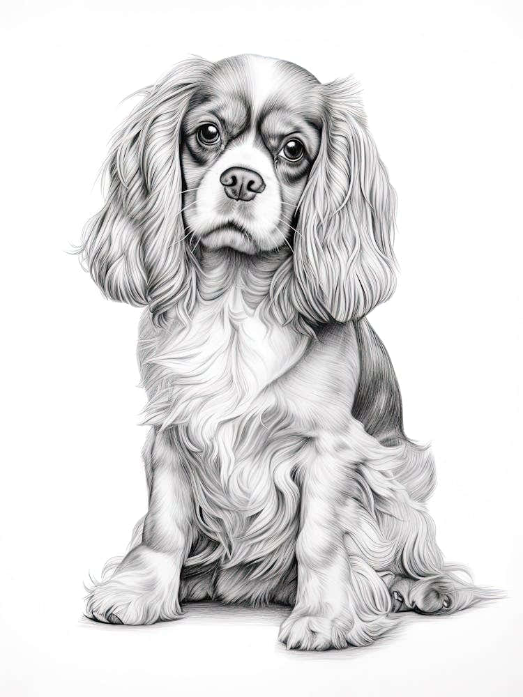 Cavalier King Charles Spaniel Dog, Line Drawing 3