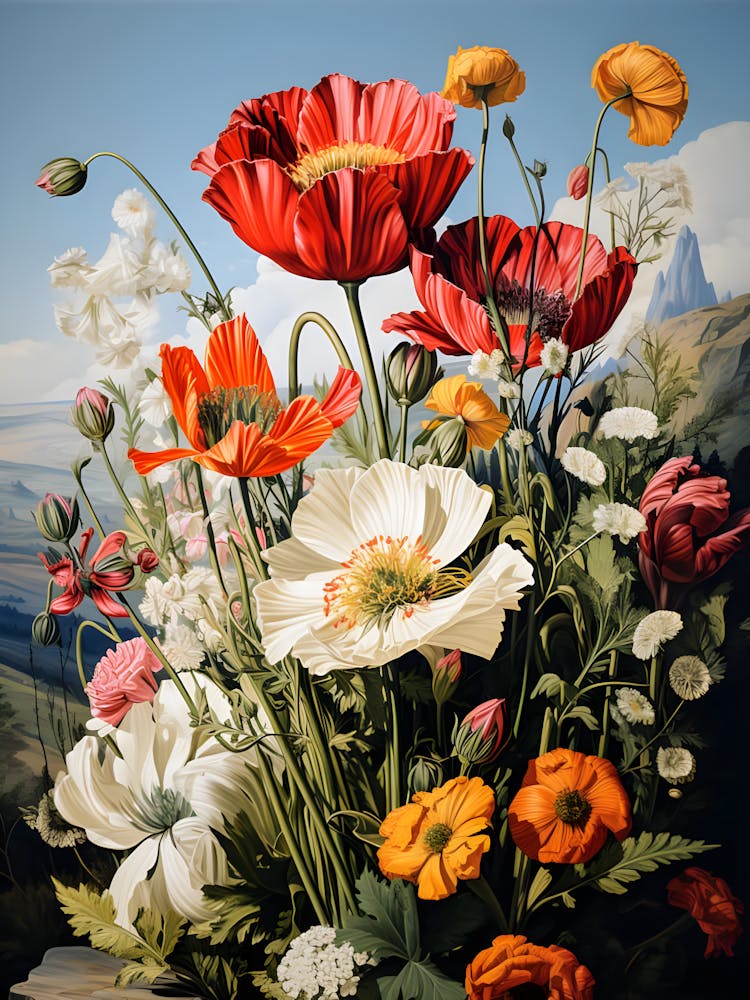 Vintage Botanische Blumenkunst – Üppige Pfingstrosen, Tulpen und bunte Wildblüten