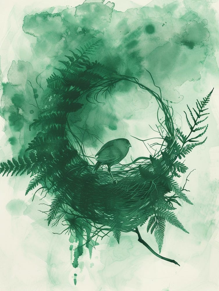 Green Ink Painting Of A Birds Nest Fern 1
