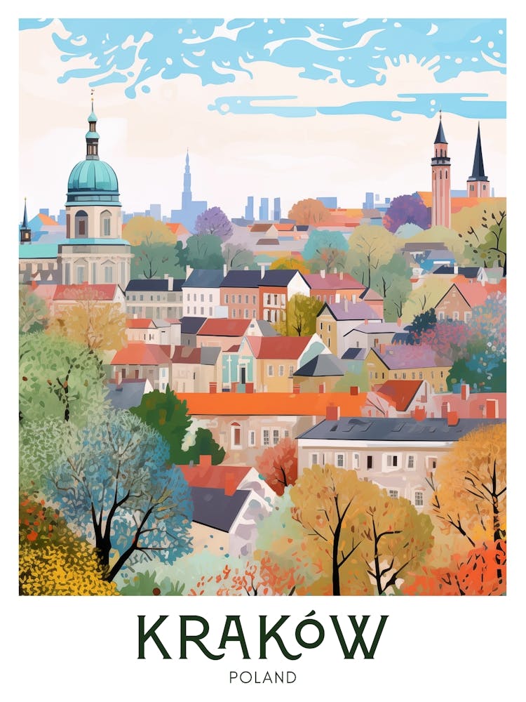 Krakow, Poland Maximalist Travel Poster Vibrant Colour 
