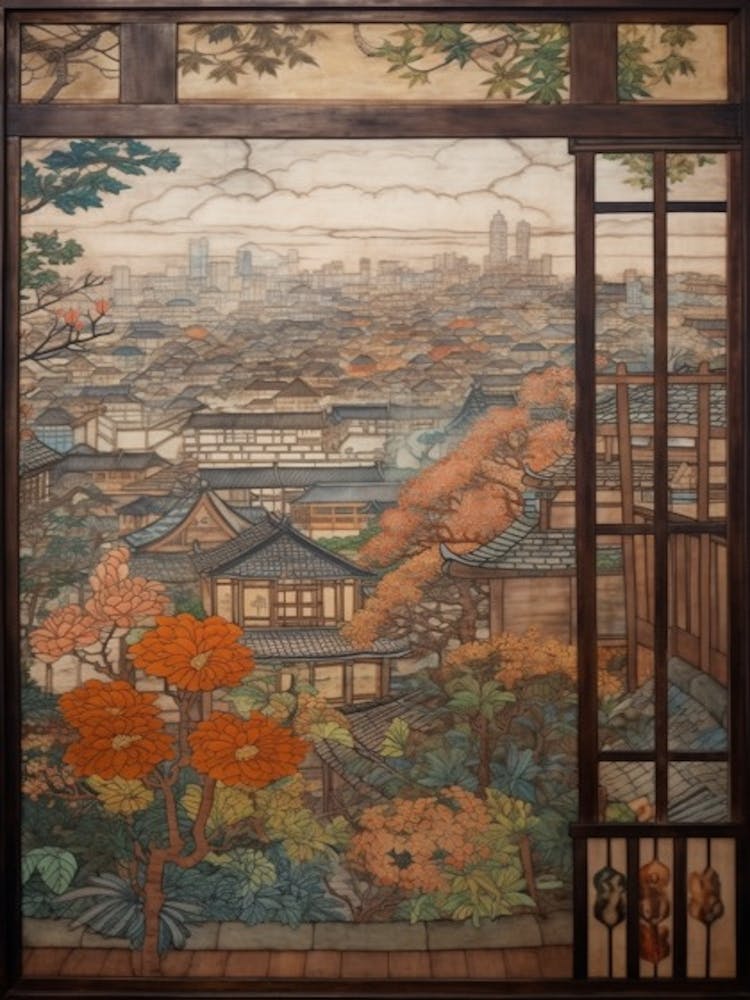 A Window View Of Tokyo In The Style Of Art Nouveau 2