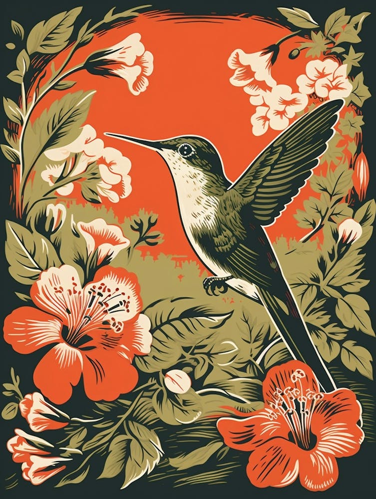 Vintage Bird Linocut Hummingbird 1