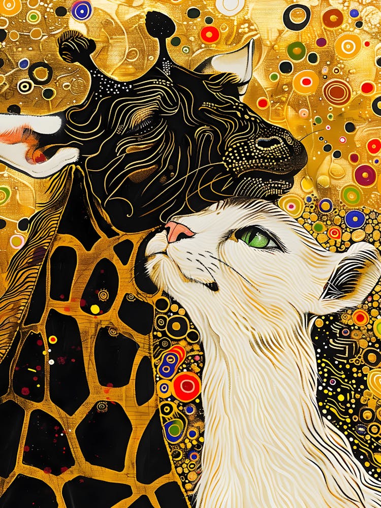 Giraffe And White Cat