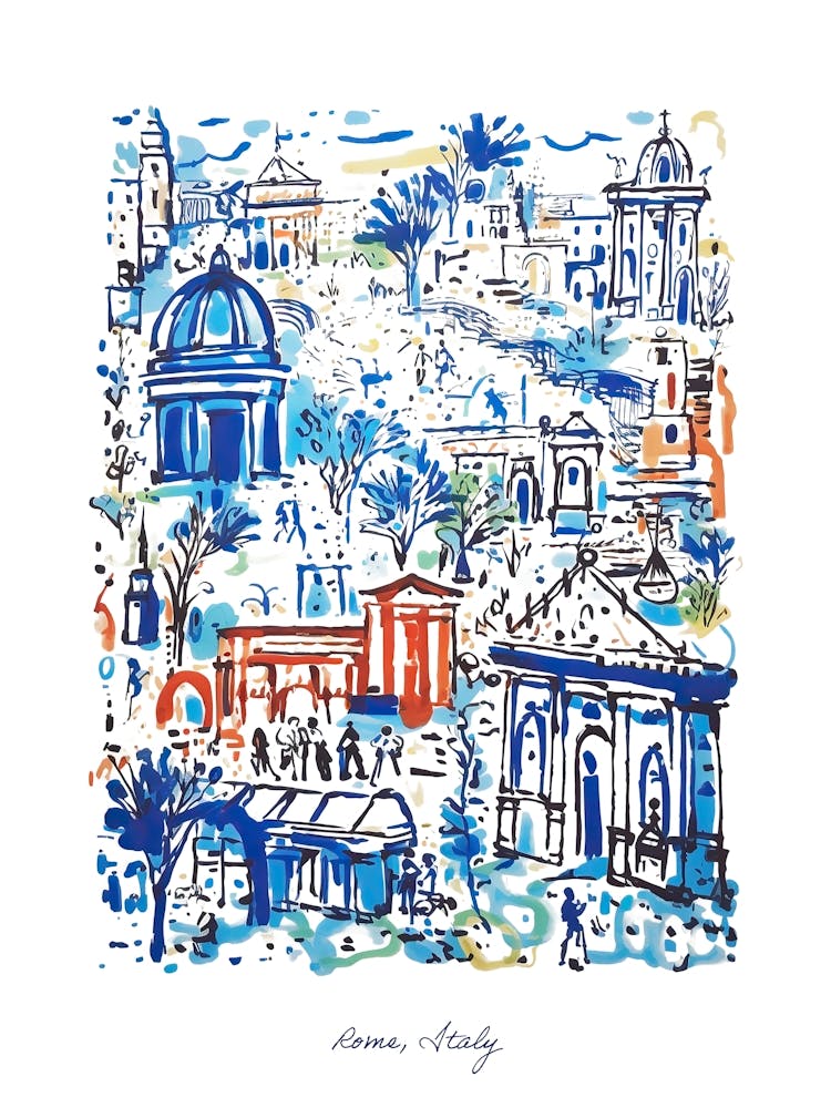 Rome Italy Landmarks Illustration Line Art Travel Blue