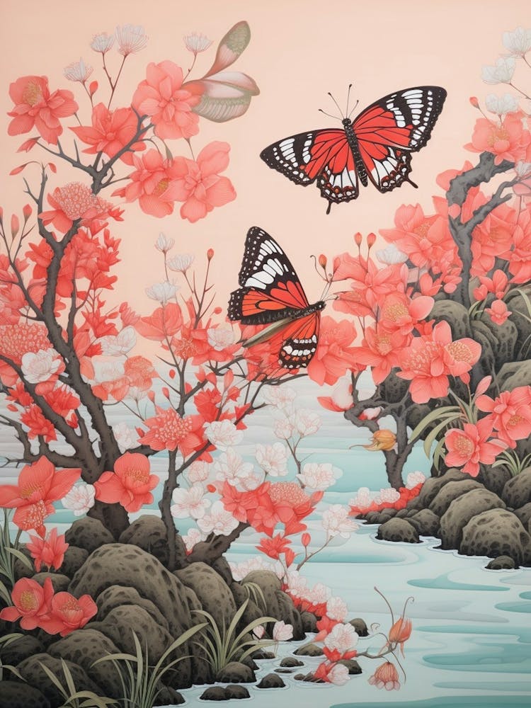 Pink Blush Flowers & Butterflies Japanese Style Painting