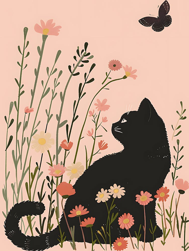 Black Cat In Flowers 3