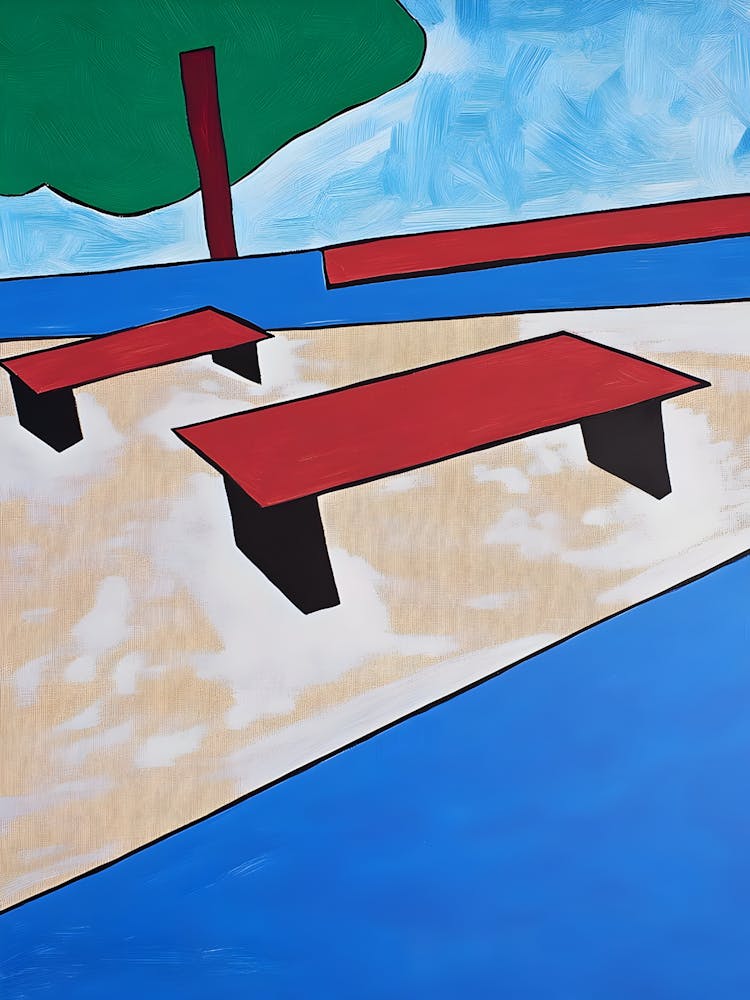 Red Benches On The Beach