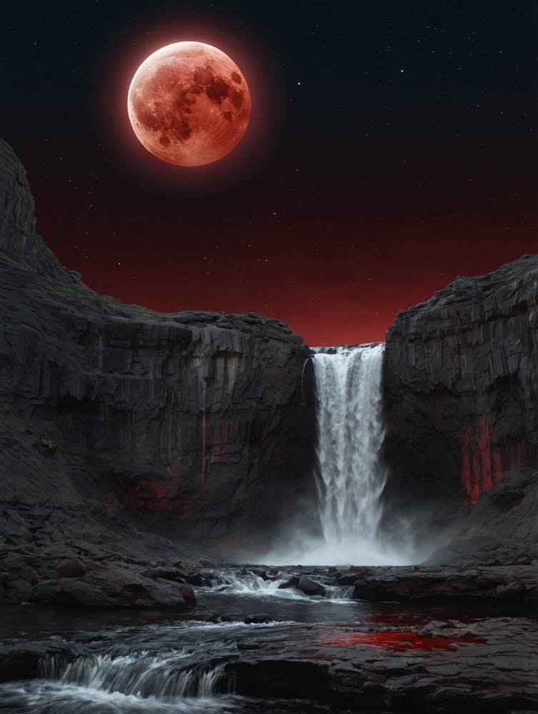 Red Moon Over Waterfall