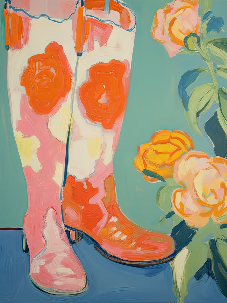 Painting Of Roses Flowers And Cowboy Boots, Oil Style 1