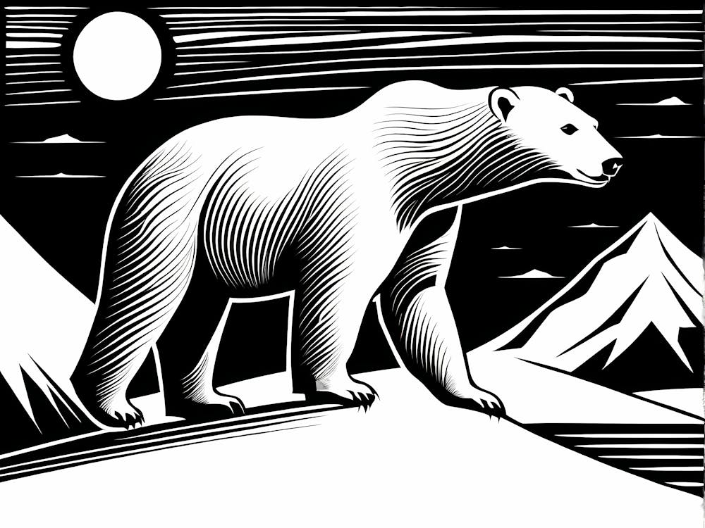 Polar Bear Cavorting In The Arctic Expanse Linocut Art, animal art, 170