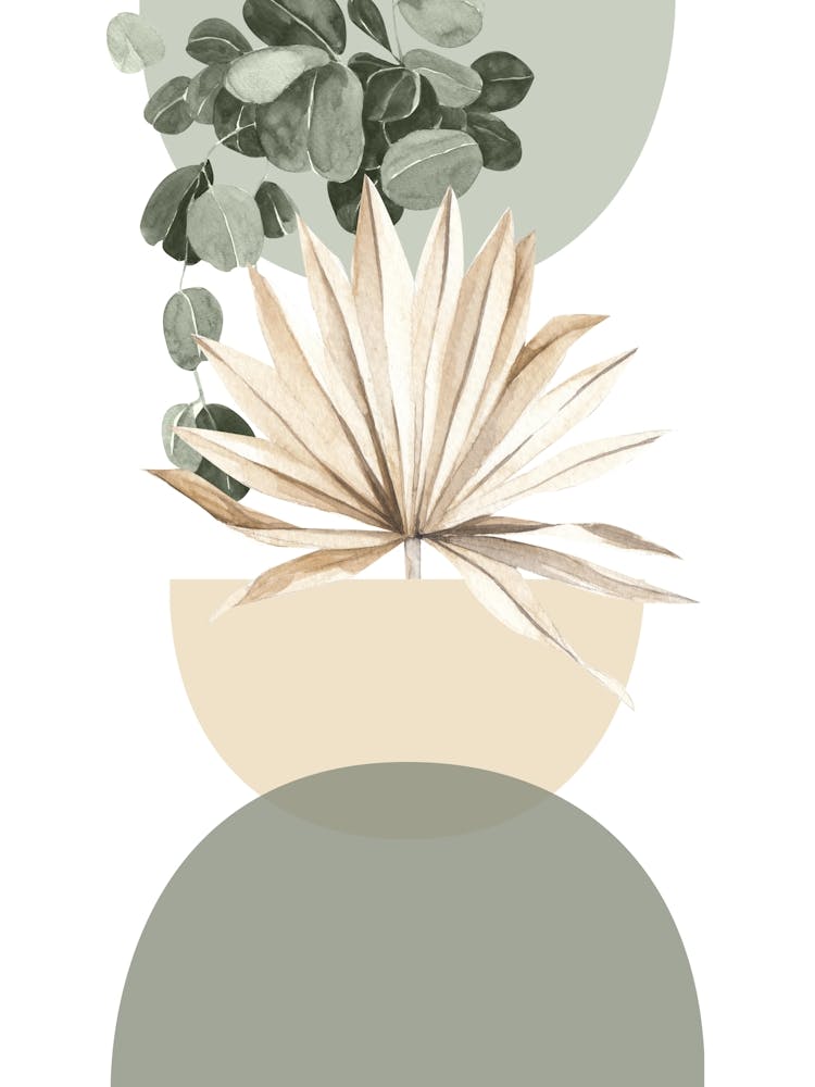 Boho Botanical Art, Sage Green and Beige Abstract, Eucalyptus and Palm Leaves