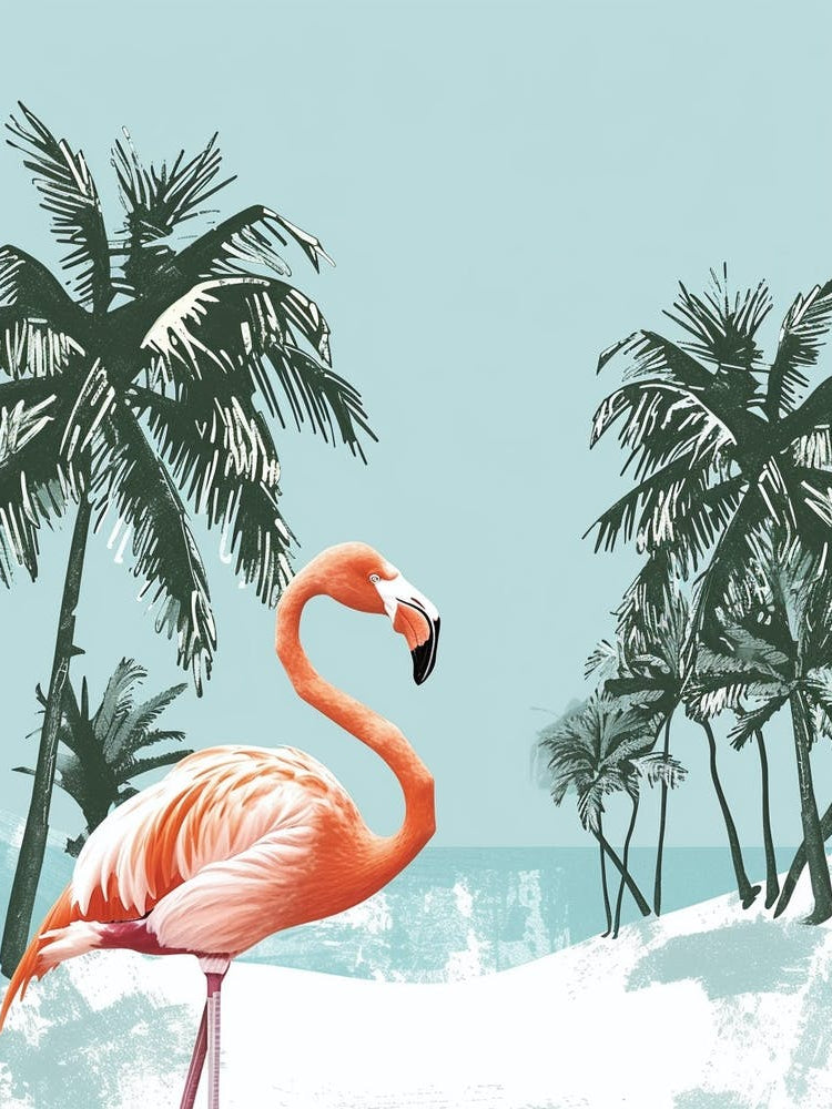 American Flamingo And Palm Trees Minimalist Illustration 1