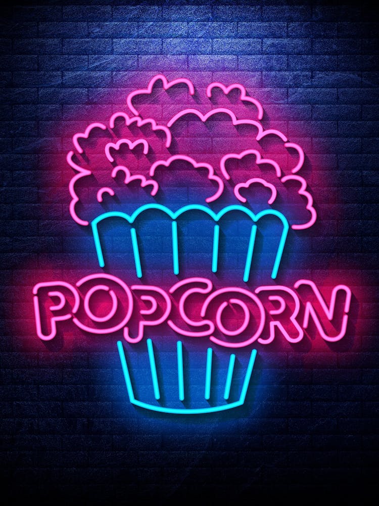 Popcorn — Neon food sign, Food kitchen poster, photo art