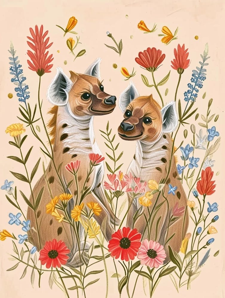 Folksy Floral Animal Drawing Hyena 2