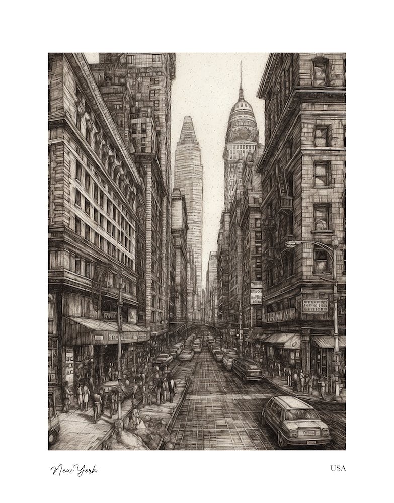 New York Usa Pencil Sketch 1 Watercolour Travel Poster