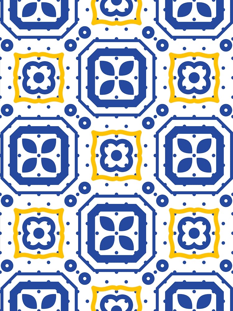 Blue And Yellow Tile Pattern - Azulejo - vector tiles, Portuguese tiles