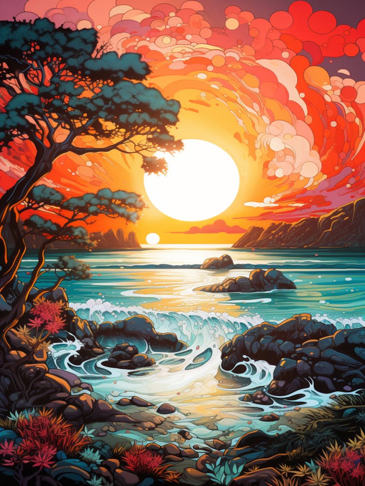 Coral Beach Australia At Sunset, Vibrant Painting 3