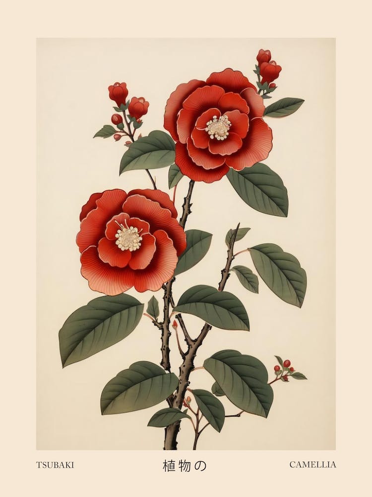 Tsubaki Camellia 3 Vintage Japanese Botanical Poster