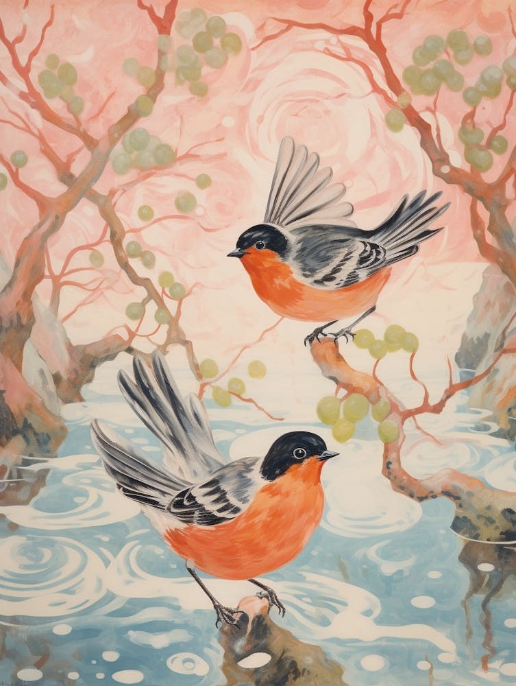 Vintage Japanese Inspired Bird Print European Robin 3