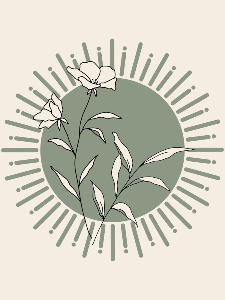 Boho Sun And Line Flowers in Sage Green