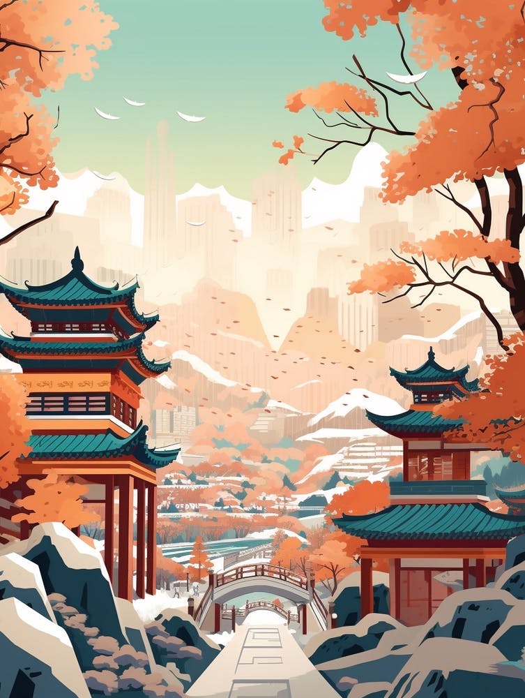 Vintage Winter Travel Illustration Beijing China 4