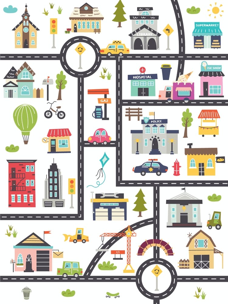 Vertical kids map with roads, cars, buildings