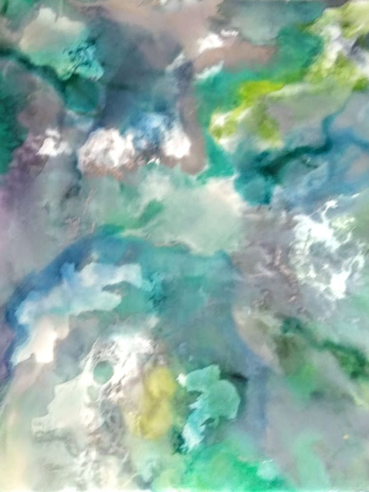 Fading Retribution - Artwork that blends various shades of green, grey, silver, white, and blue, with a slight touch of purple to create a stunning visual experience and may depict the idea of justice or vengeance that gradually fades away over time.